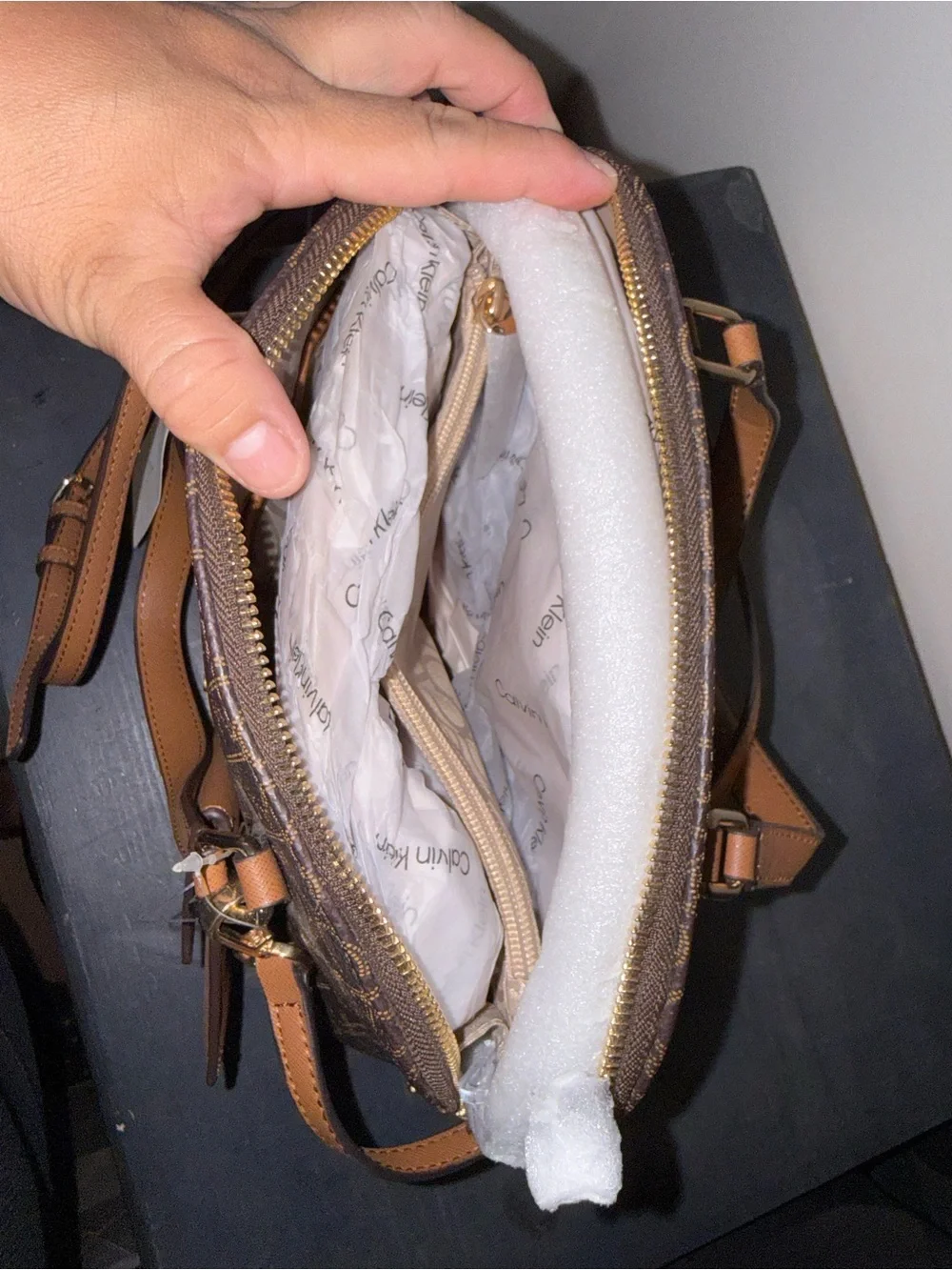 Calvin Klein Brown Logo Satchel with Tan Accents